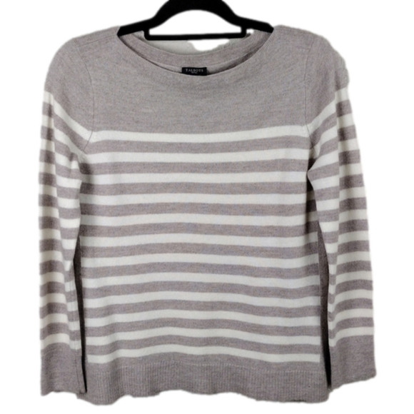 Talbots Pure Merino Wool Tan White Striped Boat Neckline Long Sleeve Sweater Top - Picture 1 of 9